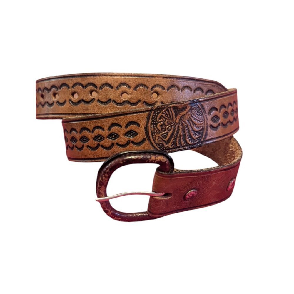 Western Tooled Leather‎ Belt Weave Boho Embossed Southwest Coastal Cowgirl VTG